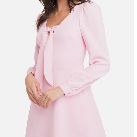 Black Halo Ellen Mini Dress Pink Bow Tie Puff Sleeve Preppy Coquette 8 $375 - Picture 12 of 12